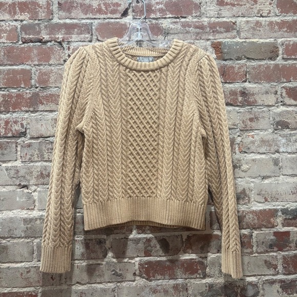 J Crew Cable Knit Sweater Camel Crew Neck Long Sleeve Cotton Women's Medium - Picture 2 of 5